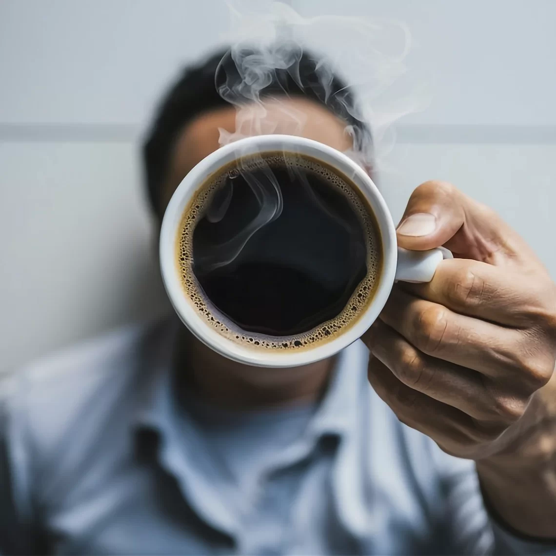 Imagem artística de um homem segurando uma xícara de café, com muita cafeína